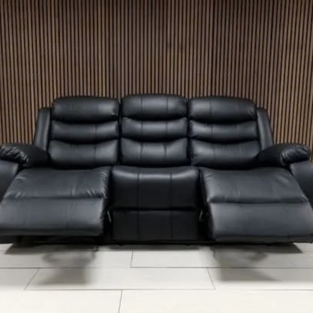 Black 3+2 faux leather recliner sofa with reclining seats and centre console