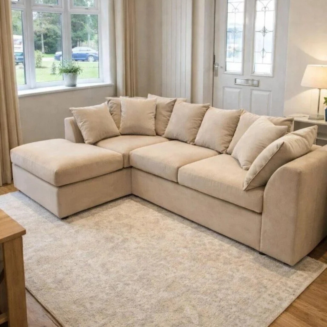 Corner Sofa Set 4 Seater Left Hand Plush Velvet Beige chenille corner sofa with scatter back cushions and spacious seating area in a modern living room