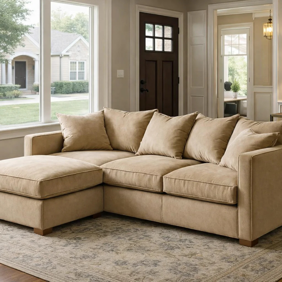 4 Seater Dylan Corner Sofa Set Plush Fabric Beige fabric corner sofa with chaise and plush scatter cushions in a contemporary living room.