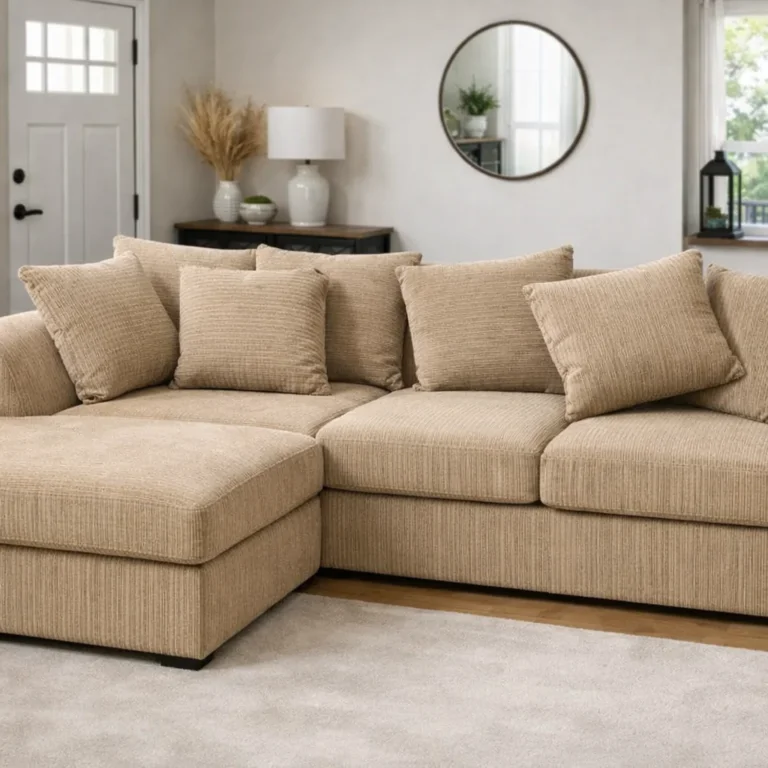 4 Seater Corner Sofa Set Left Hand Jumbo Cord Beige jumbo cord corner chaise sofa with deep cushions and scatter back pillows