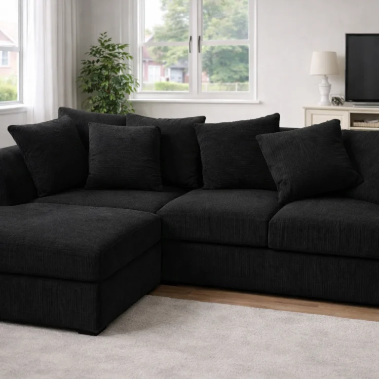 4 Seater Corner Sofa Set Left Hand Jumbo Cord Black jumbo cord corner chaise sofa with deep cushions and scatter back pillows