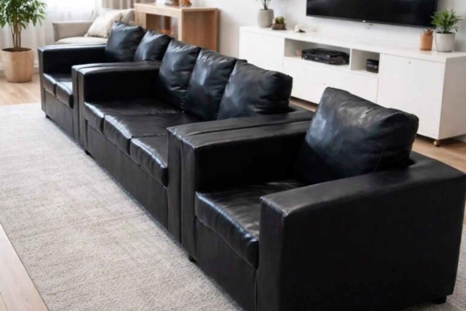 Modern Black Leather 3+2+1 Sofa Comfortable For Living Room Side view of black leather 3+2+1 sofa suite with deep cushions, wide armrests, and modern living room furniture design.