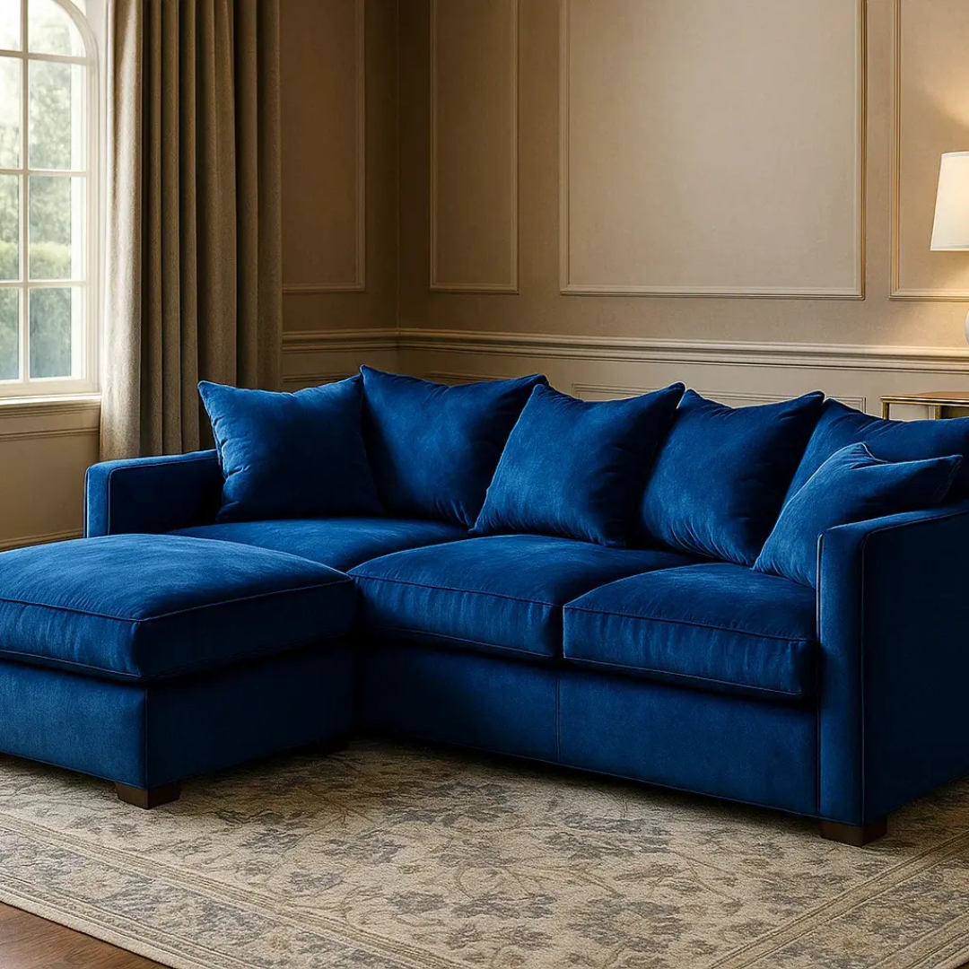 4 Seater Dylan Corner Sofa Set Plush Fabric Blue fabric corner sofa with chaise and plush cushions in a sophisticated living room.
