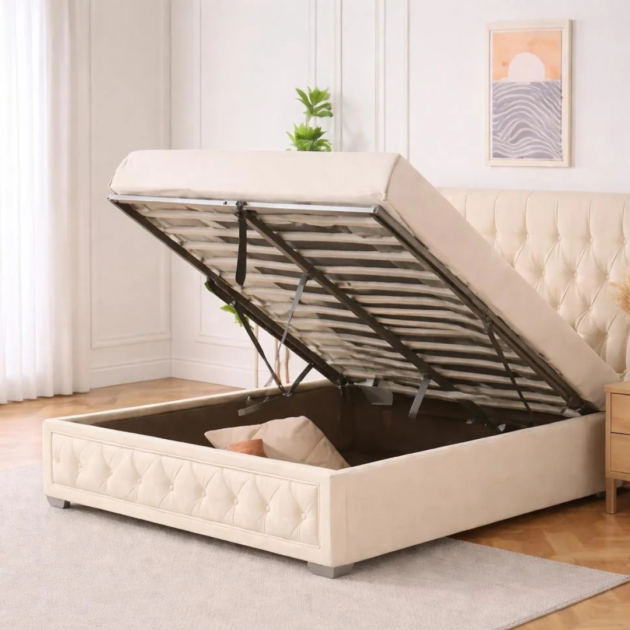 Chelsea upholstered storage bed frame in cream fabric with lift-up ottoman storage and tufted design.