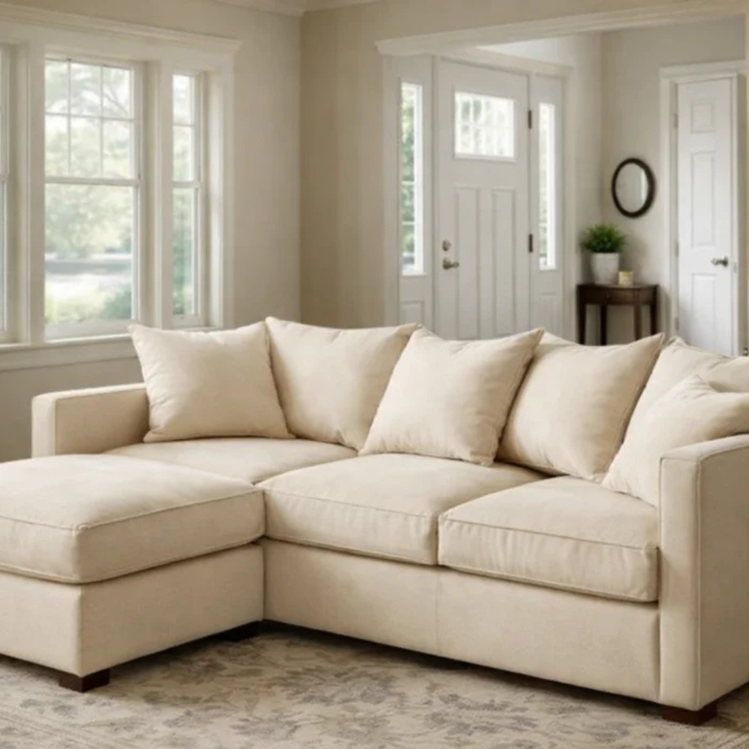4 Seater Dylan Corner Sofa Set Plush Fabric Cream jumbo cord corner sofa with chaise and matching cushions in a bright living room.
