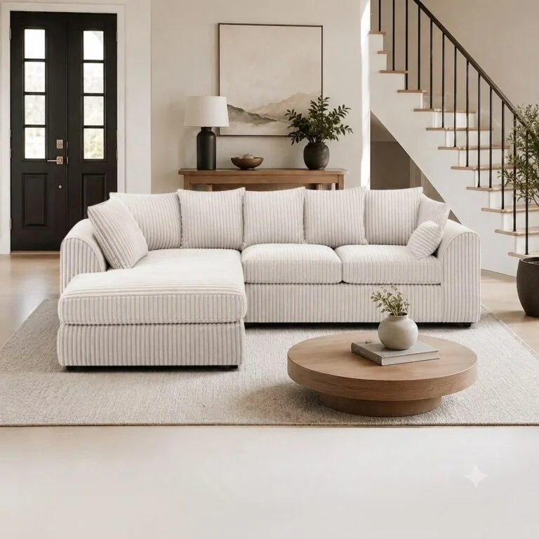 4 Seater Corner Sofa Set Left Hand Jumbo Cord Cream jumbo cord corner chaise sofa with deep cushions and modern styling