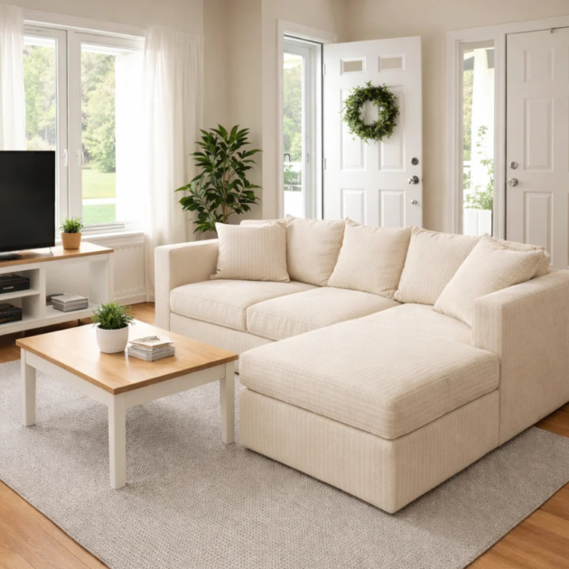Cream jumbo cord right hand corner sofa with scatter cushions and chaise