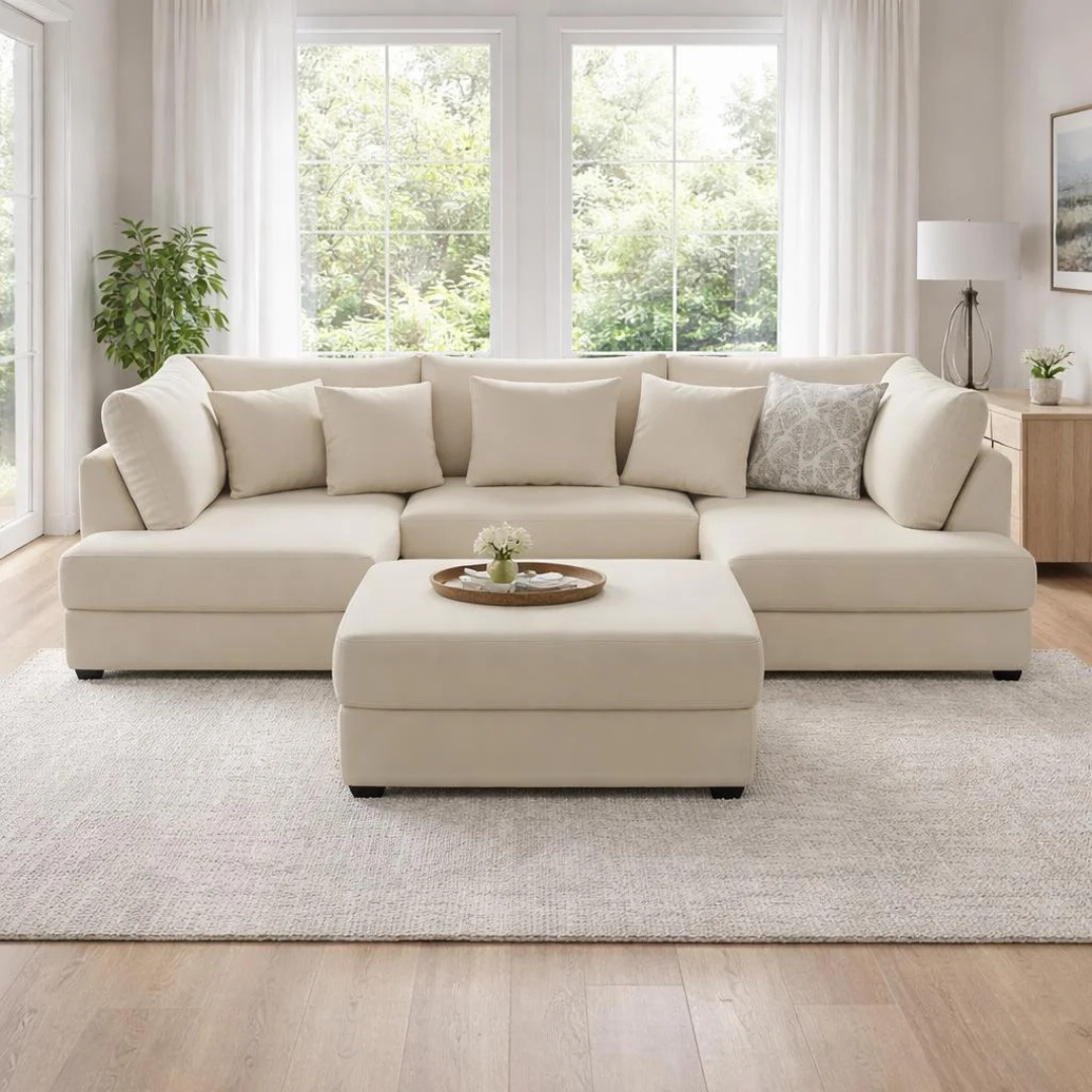 Cream jumbo cord U-shape couch with matching ottoman in a bright modern living room.