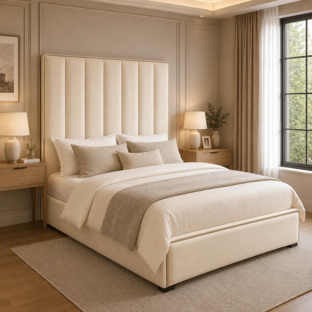 Ella upholstered bed frame in cream fabric with a tall vertical panel headboard in a modern bedroom.