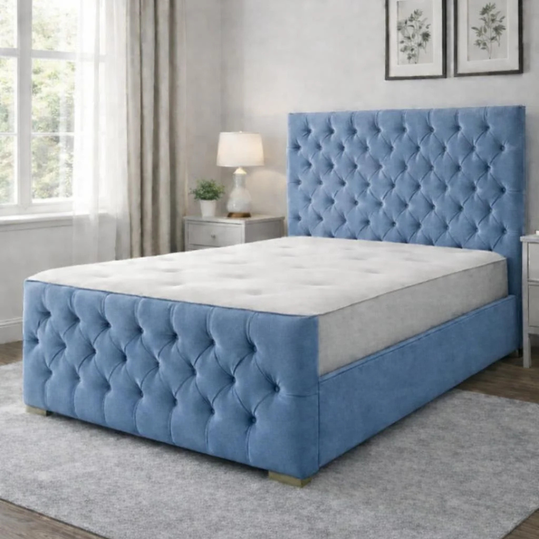 Florida Classic Bed Available in All Colours, Single to Super king Florida Classic upholstered bed in blue fabric with deep button tufted headboard and footboard.