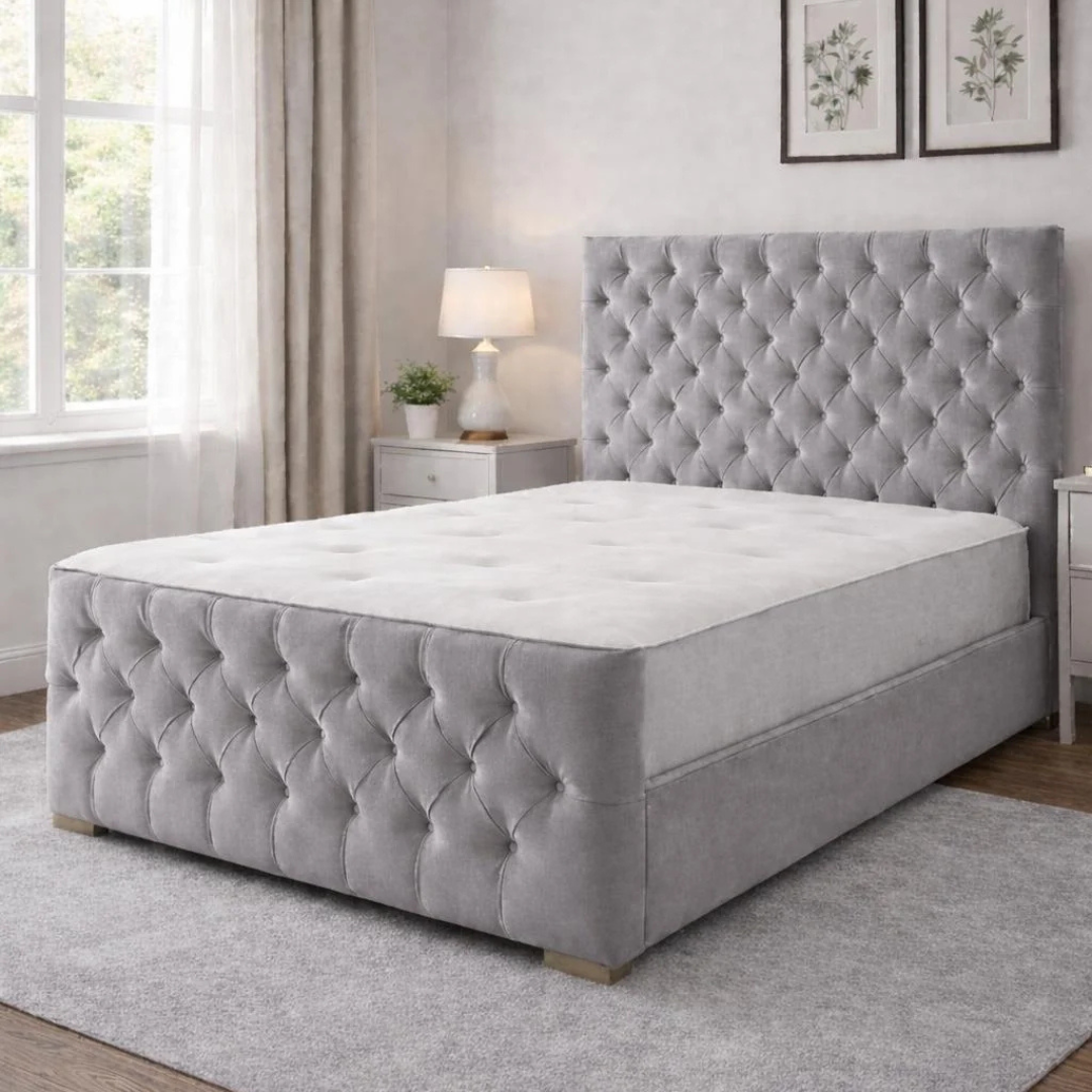 Florida Classic Bed Available in All Colours, Single to Super king Florida Classic upholstered bed in grey fabric with deep button tufted headboard and footboard.