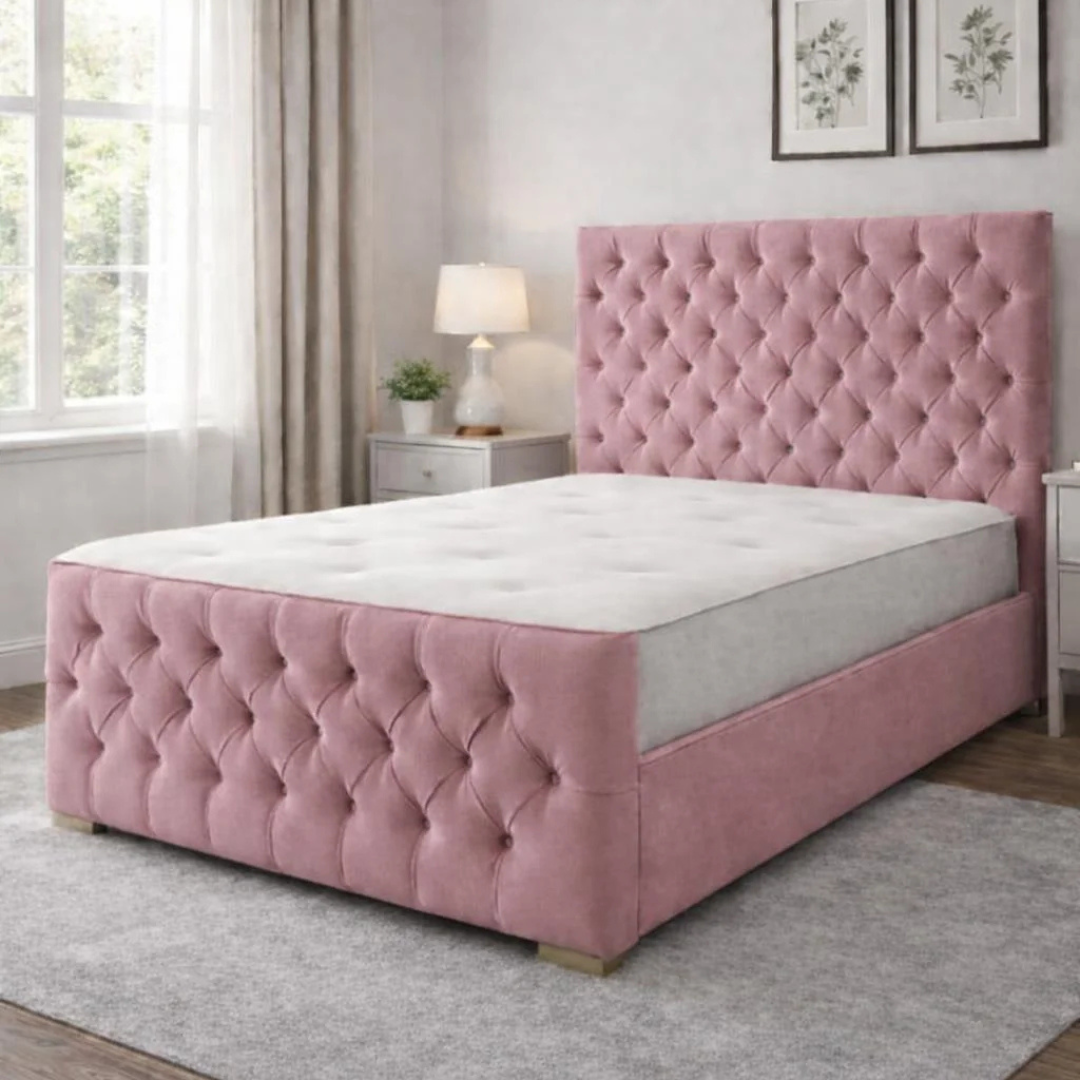 Florida Classic Bed Available in All Colours, Single to Super king Florida Classic upholstered bed in pink fabric with button tufted headboard and footboard.