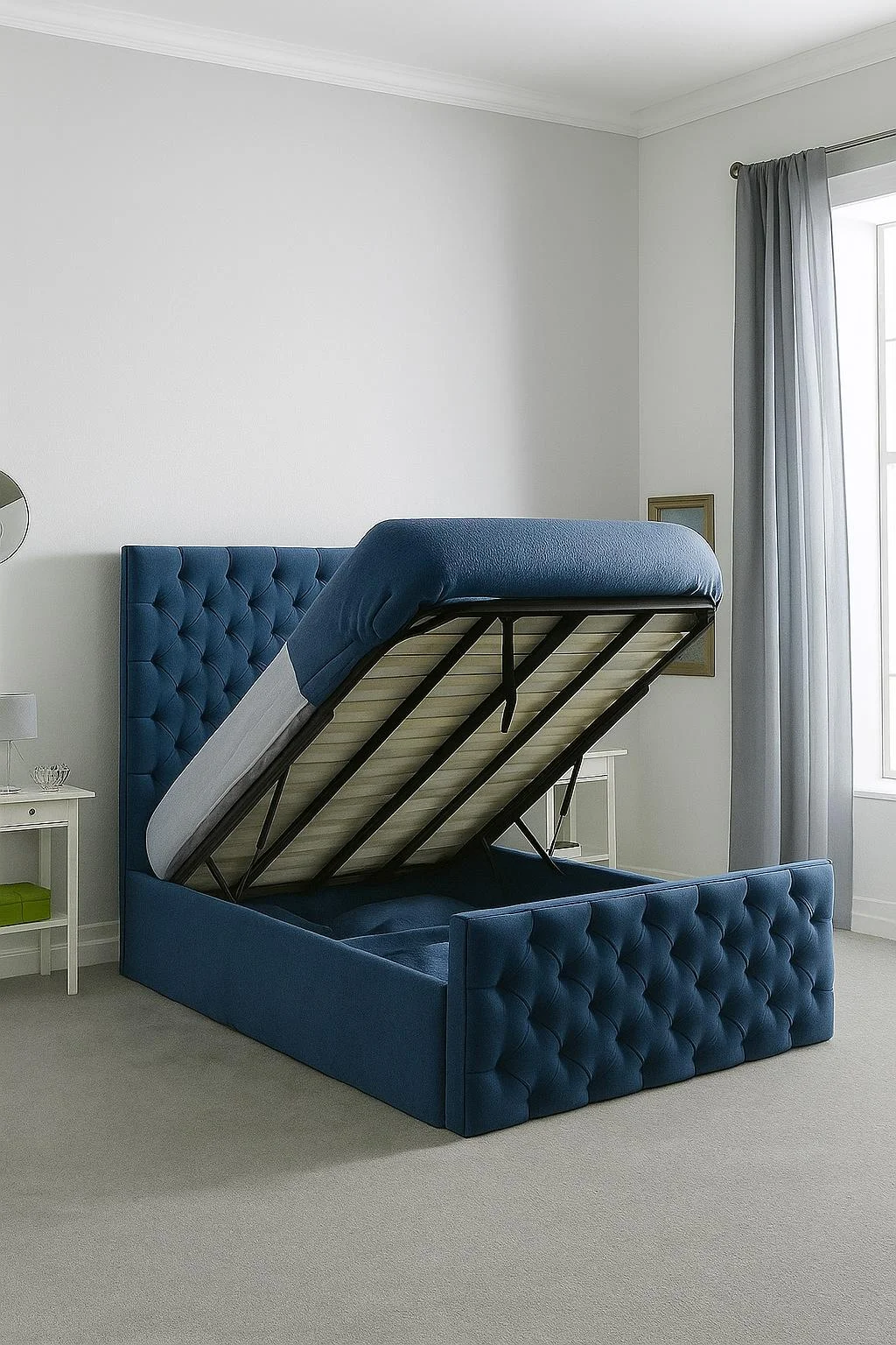 Florida Gaslift Upholstered Bed Frame 3.0 4’6 Double 5ft King Size Blue velvet Florida gaslift ottoman bed with deep button tufting and under-bed storage.