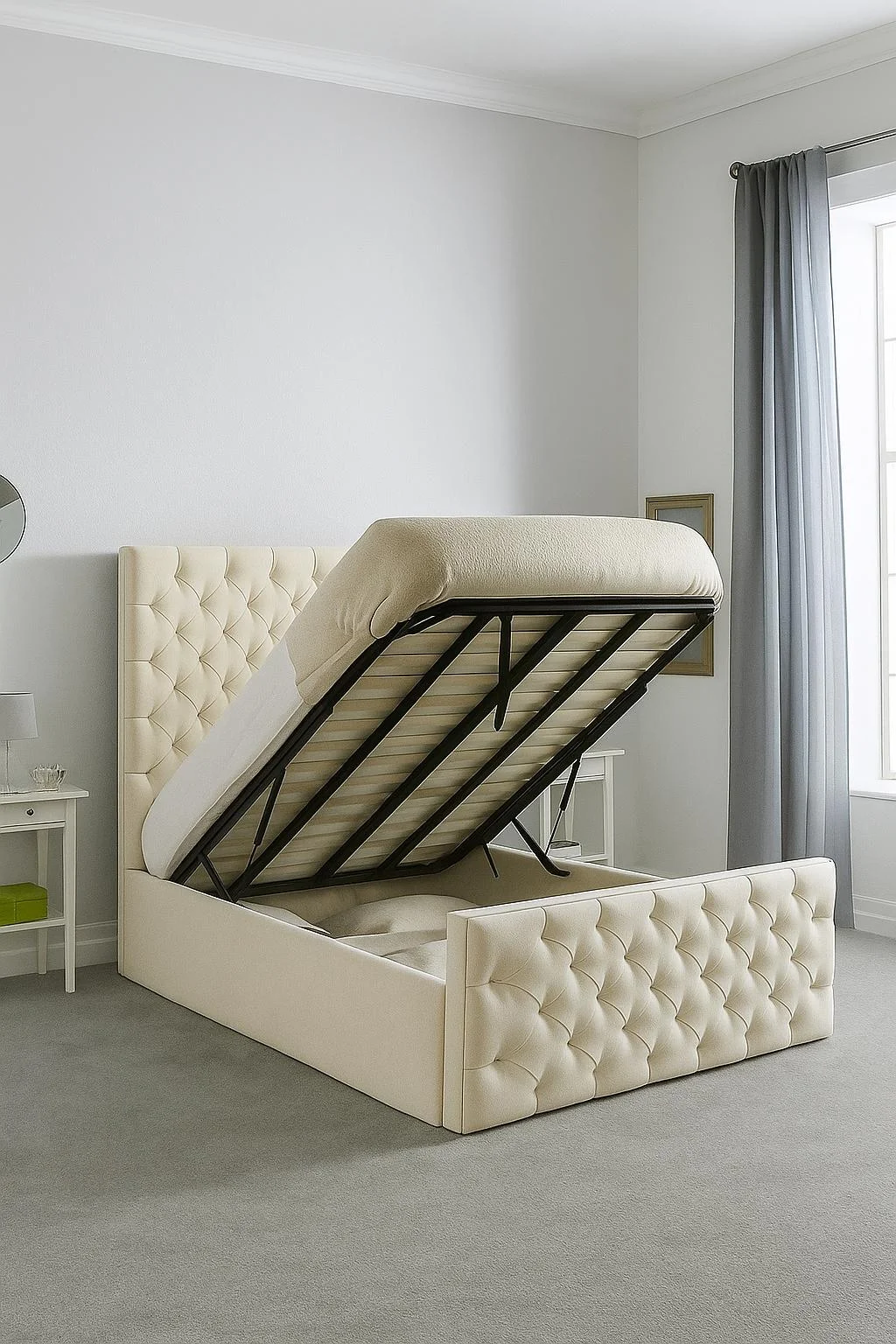 Florida Gaslift Upholstered Bed Frame 3.0 4’6 Double 5ft King Size Cream velvet Florida gaslift storage bed with button-tufted upholstery and ottoman storage.