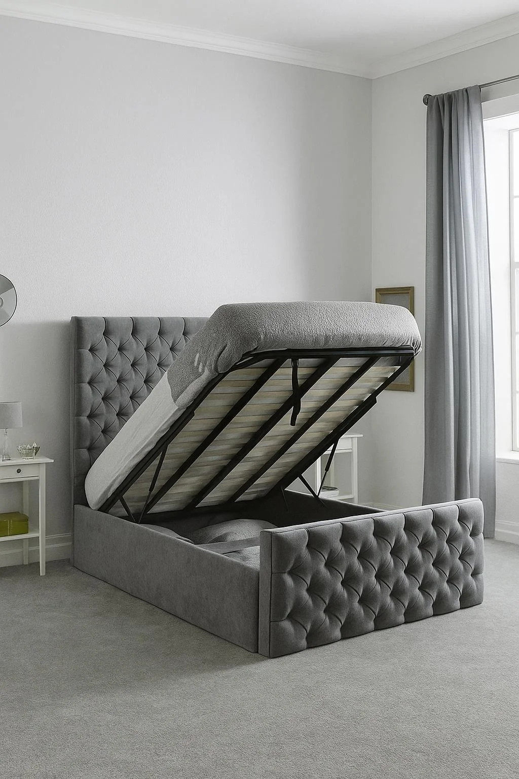Florida Gaslift Upholstered Bed Frame 3.0 4’6 Double 5ft King Size Grey velvet Florida gaslift bed frame with tufted headboard and spacious ottoman storage compartment.