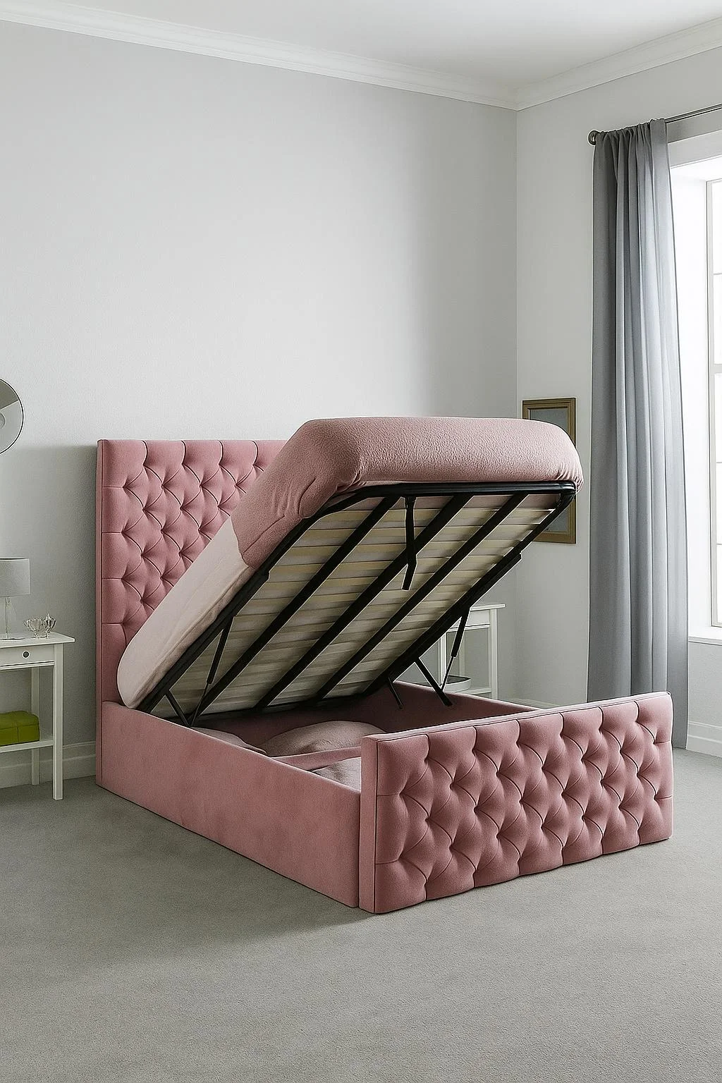 Florida Gaslift Upholstered Bed Frame 3.0 4’6 Double 5ft King Size Pink velvet Florida gaslift upholstered bed featuring button-tufted detailing and lift-up storage.