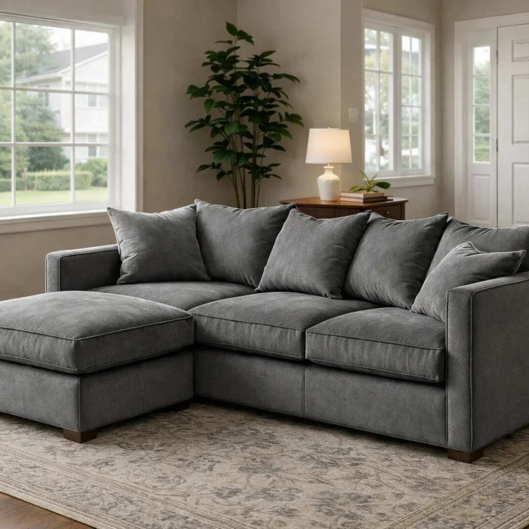 4 Seater Dylan Corner Sofa Set Plush Fabric Grey fabric corner sofa with chaise and supportive cushions in a modern home interior.