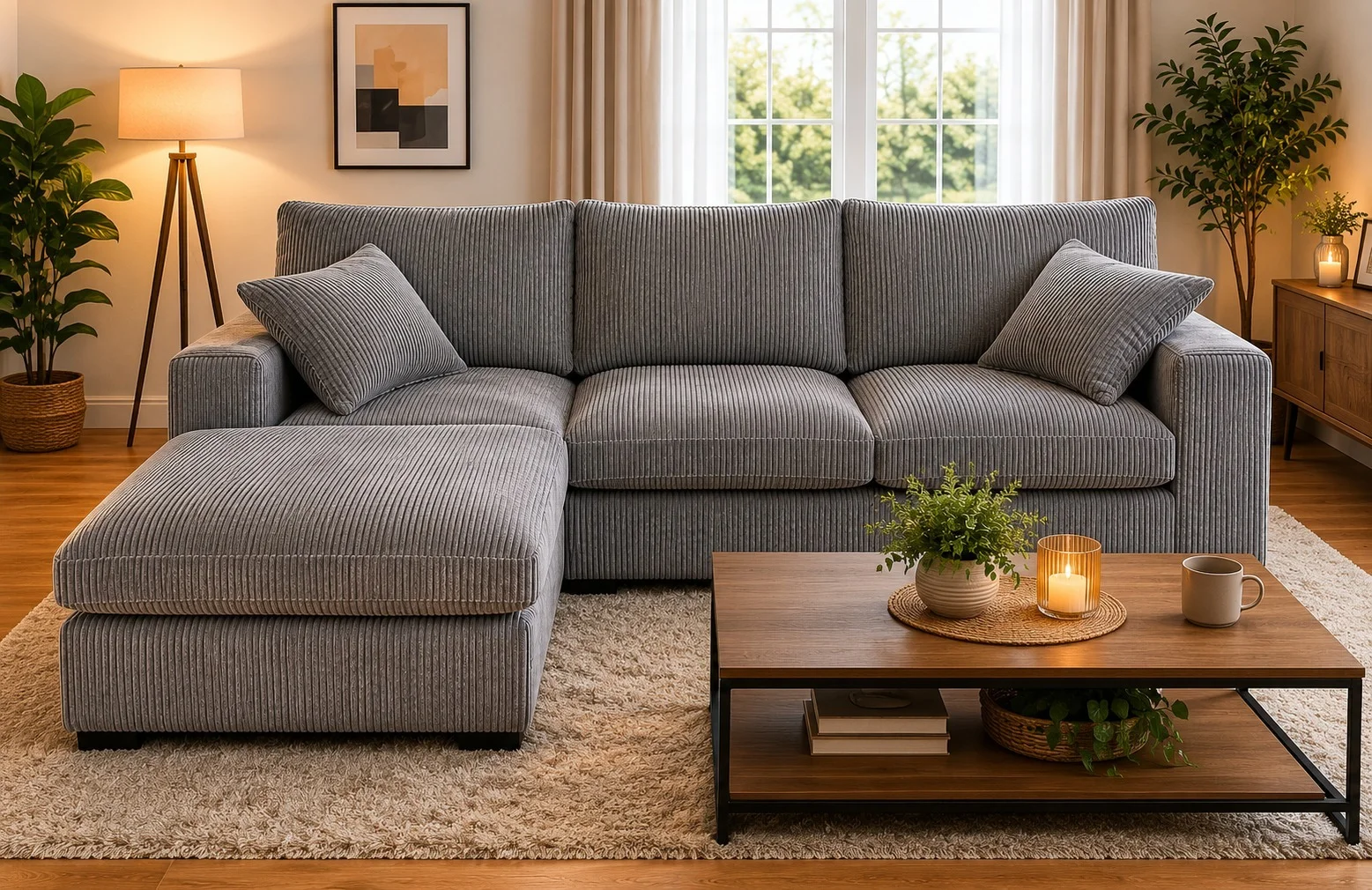 Grey jumbo cord corner chaise sofa with deep cushions in a modern living room