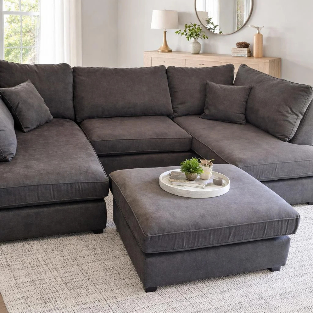 U Shape Couch Jumbo Cord Living Room Elegant Design Grey jumbo cord U-shape couch with matching ottoman in a modern neutral living room