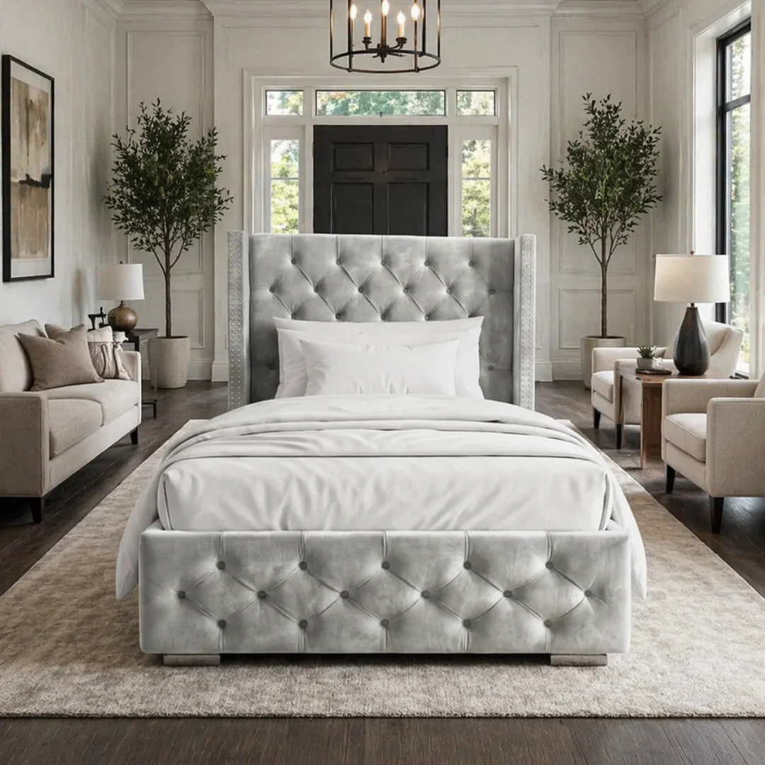 Hilton upholstered bed frame with diamond tufted wingback headboard in a luxury bedroom