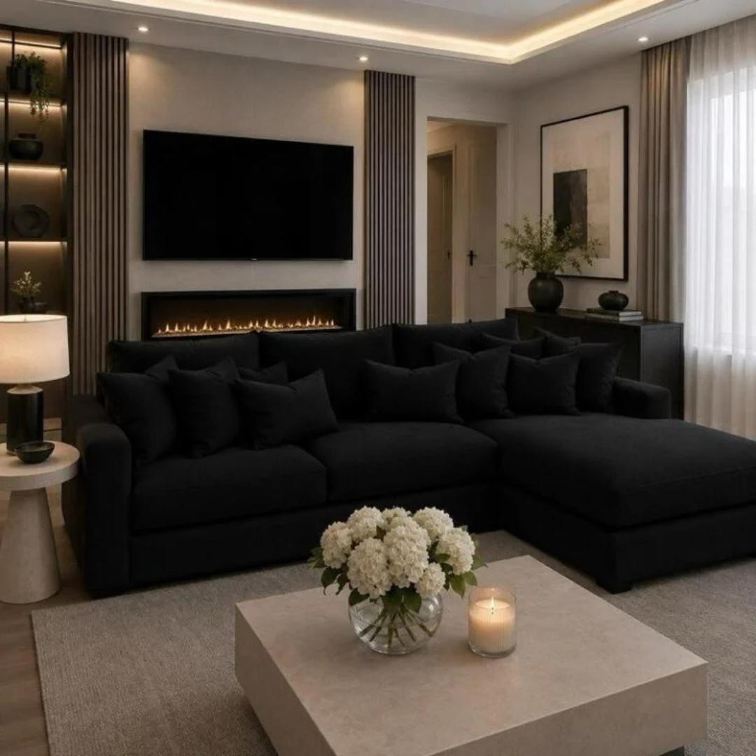 Luxury L Shape Corner Sofa Modern Corner Couch in Cream, Grey & Black Luxury black L shape corner sofa with chaise lounge and plush cushions in a contemporary living room.
