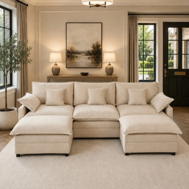 Luxury cream U shape sofa with two moveable storage footstools and deep cushions in a stylish living room.
