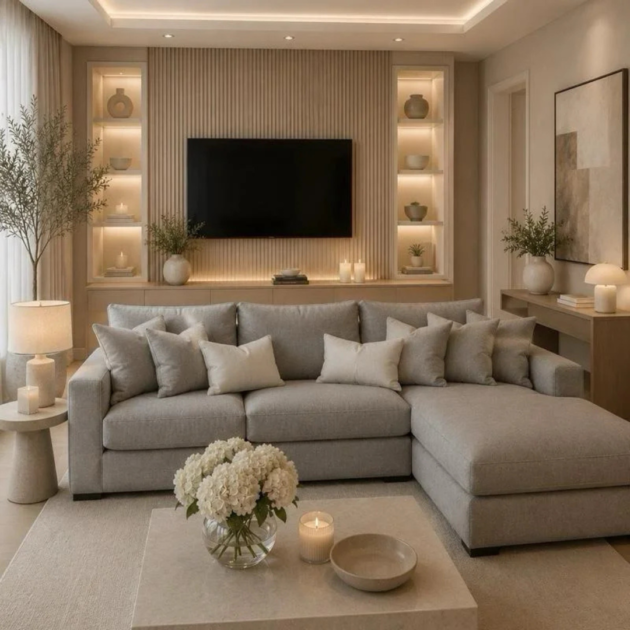 Modern grey L shape corner sofa with chaise section and soft cushions in a contemporary living room.