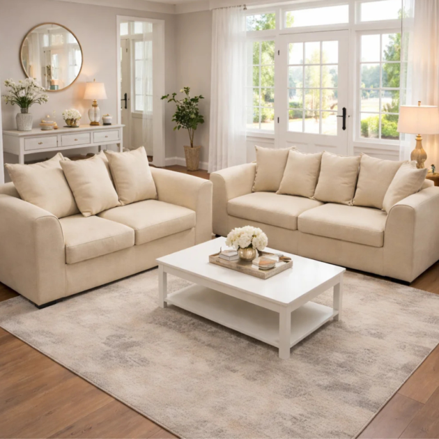 Beige 3+2 seater fabric sofa set in a bright modern living room.