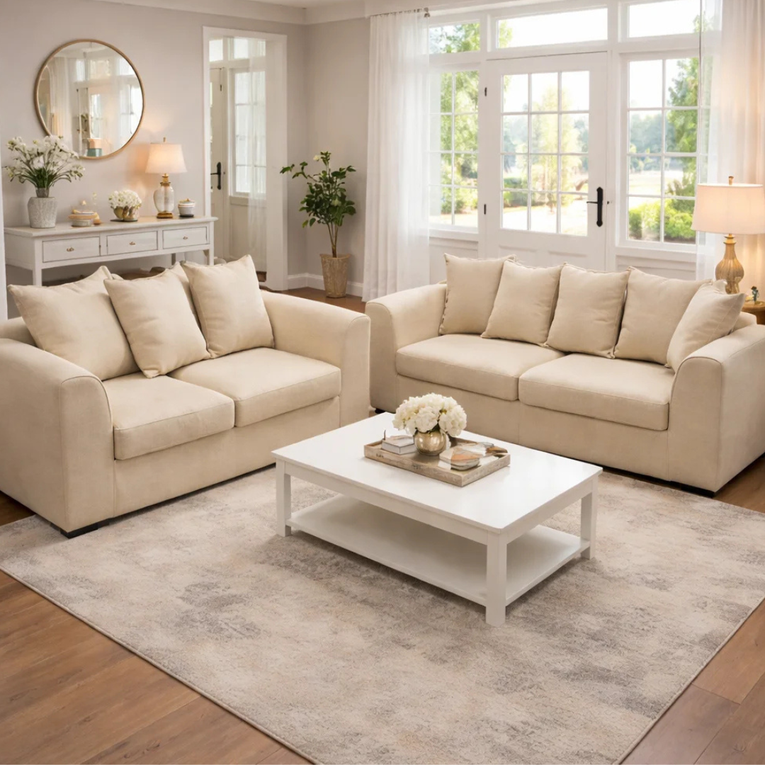 Beige 3+2 seater fabric sofa set in a bright modern living room.
