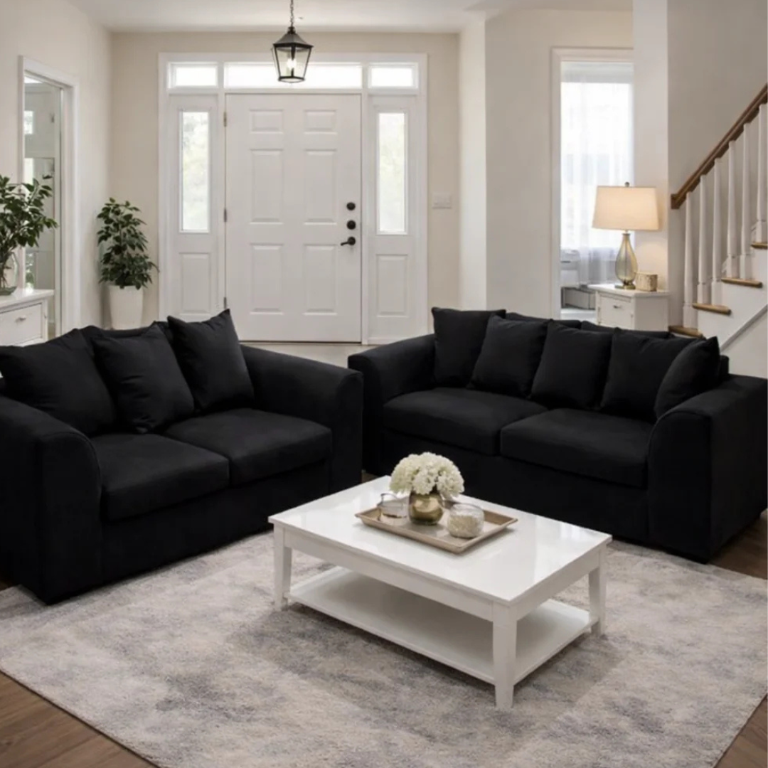 Corner 3+2 Sofa Elevate Your Living Room With Comfort and Style Black 3+2 seater fabric sofa set in a stylish contemporary living room.