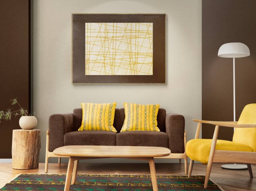 Scandinavian living room with brown sofa, mustard accent chair and wooden coffee table
