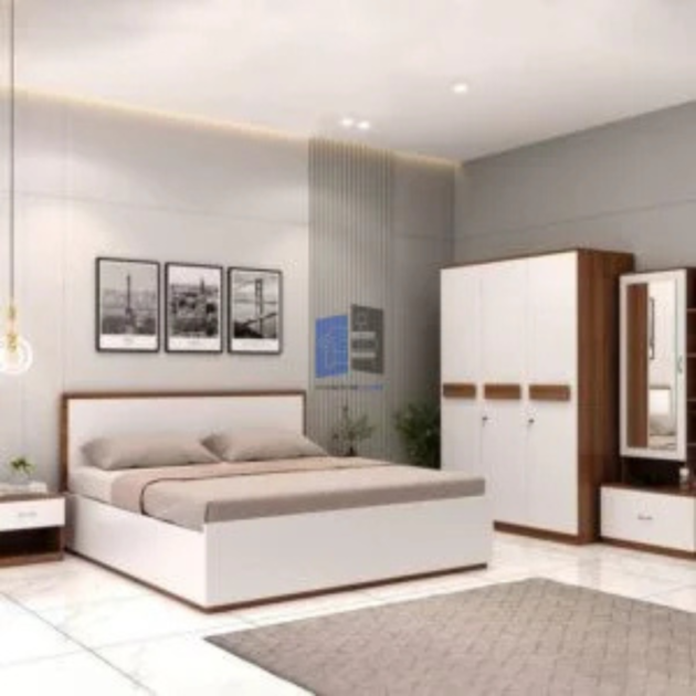 Seline upholstered bed frame with matching bedroom furniture in a modern interior