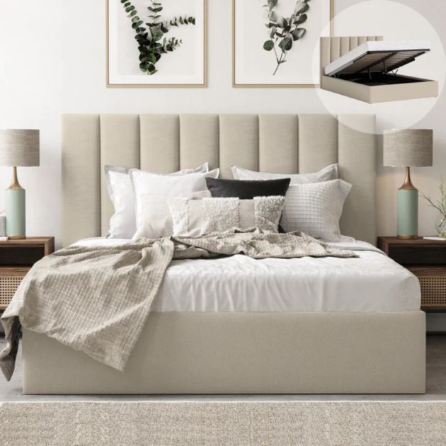 Seline upholstered bed frame with vertical panel headboard in a modern bedroom