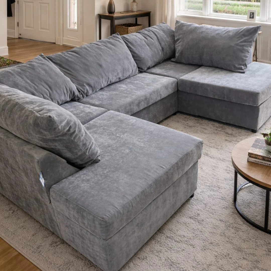 Grey U-shaped modular sectional couch with oversized cushions in a modern living room.